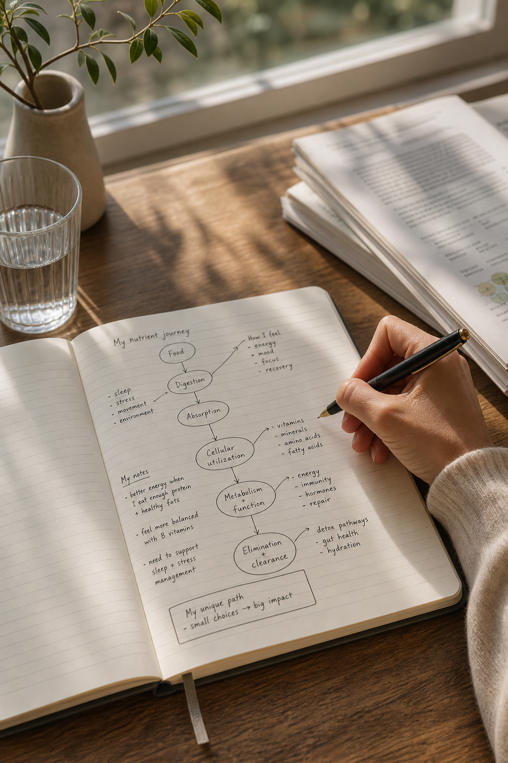 A hand writing a personalized nutrient pathway explanation in a notebook by a sunlit window